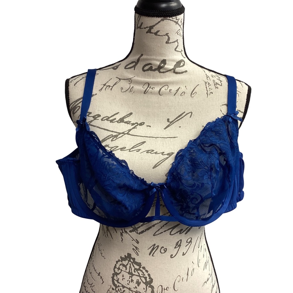 Cacique 42D Blue Lace Unlined Balconette Bra Lingerie Plus‎ Size Underwire Sexy